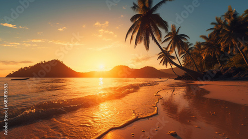 Paysage d'un coucher de soleil au bord de la plage avec des palmiers. Soleil, été, chaleur, océan, mer. Pour conception et création graphique.