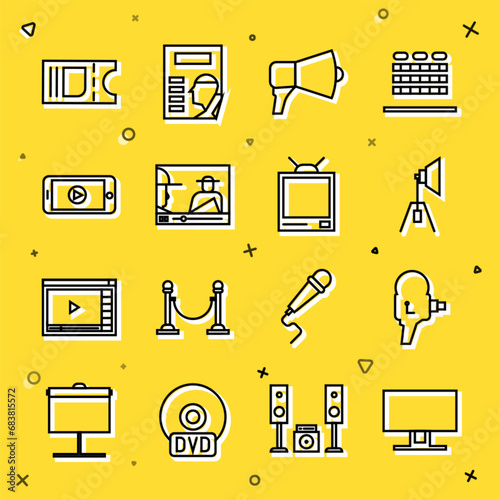 Set line Smart Tv, Retro cinema camera, Movie spotlight, Megaphone, Online play video, Cinema ticket and tv icon. Vector