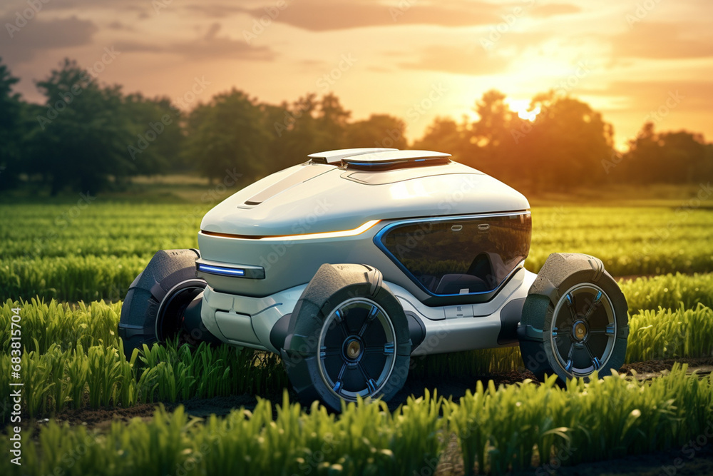 Fototapeta premium Smart agriculture robotic and autonomous tools is running through plant and vegetable fields to check the quality and safety of a farm. Generative AI.