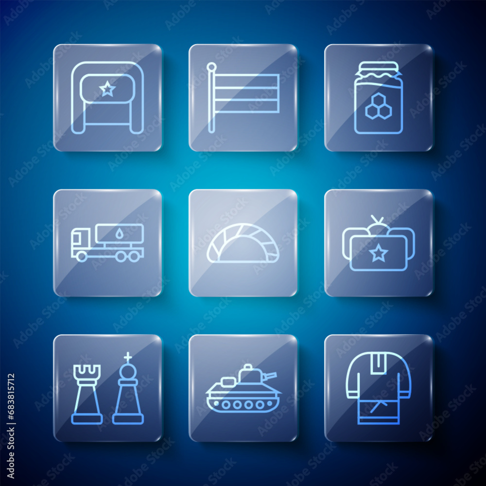 Set line Chess, Military tank, Kosovorotka, Jar of honey, Dumpling, Tanker truck, Ushanka and icon. Vector Set line Chess, Military tank, Kosovorotka, Jar of honey, Dumpling, Tanker truck, Ushanka and icon. Vector