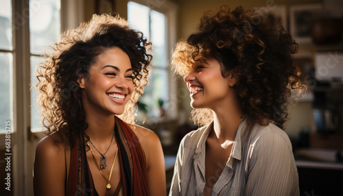 Two multiracial young women laughing and having fun. Overjoyed young multiethnic girlfriends have fun together. Smiling happy millennial diverse female friends laugh entertain. Diversity, 