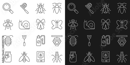 Set line Termite, Hive for bees, Butterfly, Beetle bug, Snail, Insect, Magnifying glass and Clothes moth icon. Vector