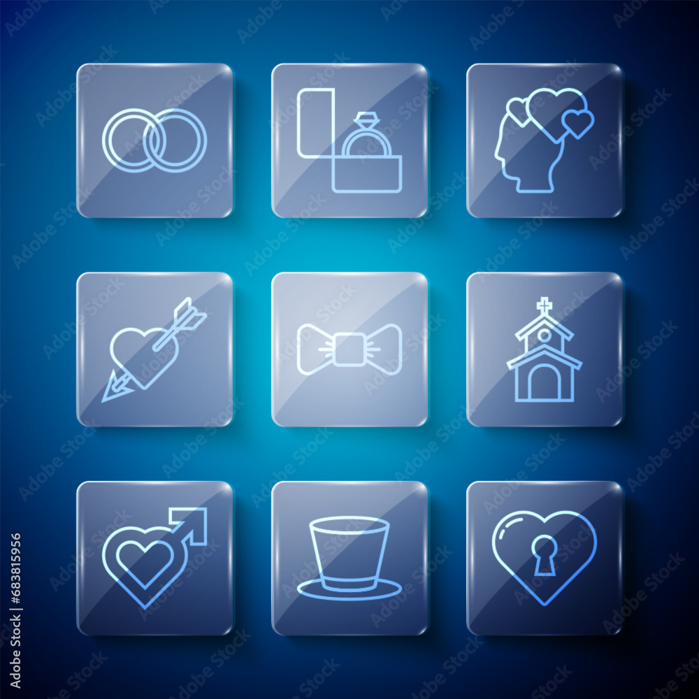 Set line Heart with male gender, Cylinder hat, keyhole, Head heart, Bow tie, Amour and arrow, Wedding rings and Church building icon. Vector Set line Heart with male gender, Cylinder hat, keyhole, Head heart, Bow tie, Amour and arrow, Wedding rings and Church building icon. Vector