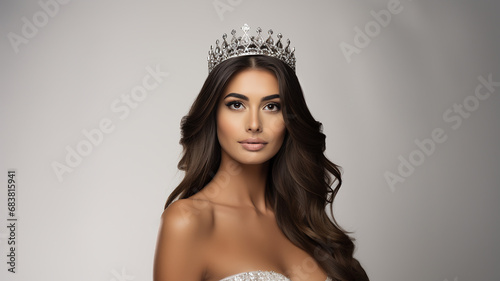 A woman with valuable beauty, as beautiful as a sparkling crown on her head. beauty pageant concept
