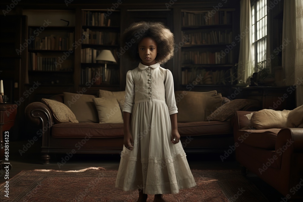 African-American girl vacuums the floor in her cozy apartment