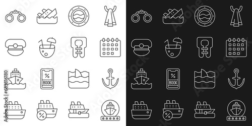Set line Cruise ship, Anchor, Calendar, Ship porthole with seascape, Coconut cocktail, Captain hat, Binoculars and Life jacket icon. Vector
