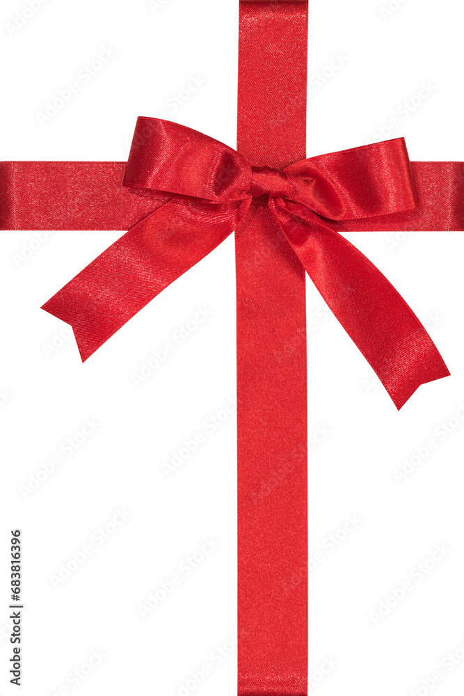 Red bow satin ribbon cross band stripe fabric (isolated on white background with clipping path) for Christmas holiday gift box present wrap design decoration ornament element