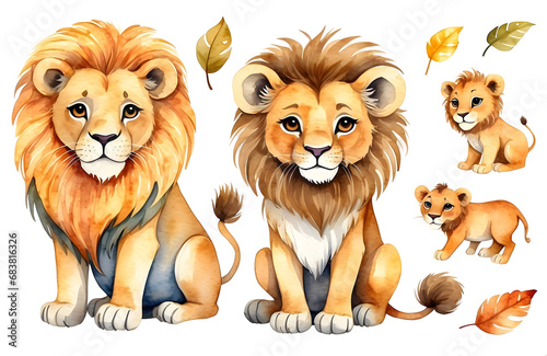 set of watercolor cute safari lion isolated on transparent backgound