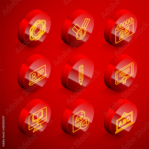 Set line Atom, Medal, Calendar, Online class, Marker pen, Certificate template, and Exam sheet with plus grade icon. Vector