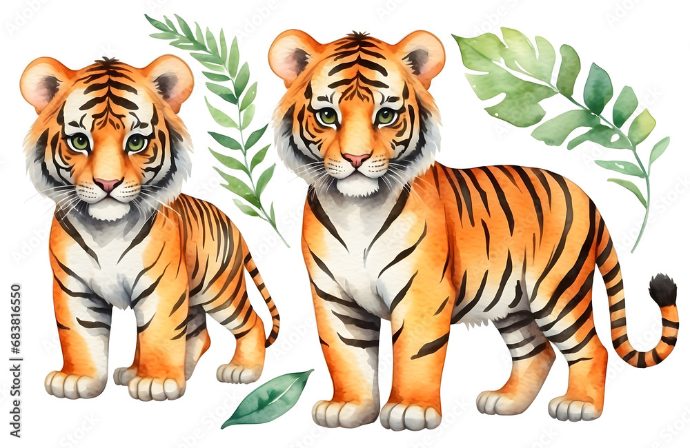Obraz premium set of watercolor cute safari tiger isolated on transparent backgound