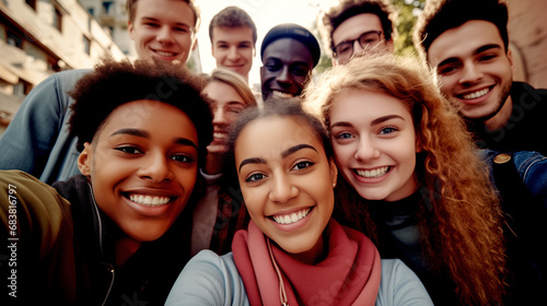 MULTIETHNIC HAPPY GROUP OF YOUNG PEOPLE TAKING SELFIE. legal AI 