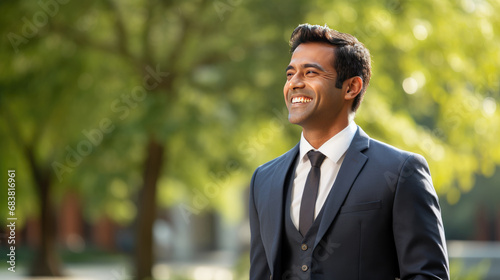 Handsome successful Indian businessman looking away and smiling in blurred park