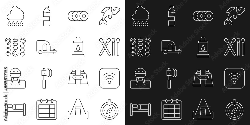 Set line Compass, Wi-Fi wireless internet, Match stick, Blanket roll, Rv Camping trailer, Grilled shish kebab on skewer, Cloud with rain and lantern icon. Vector