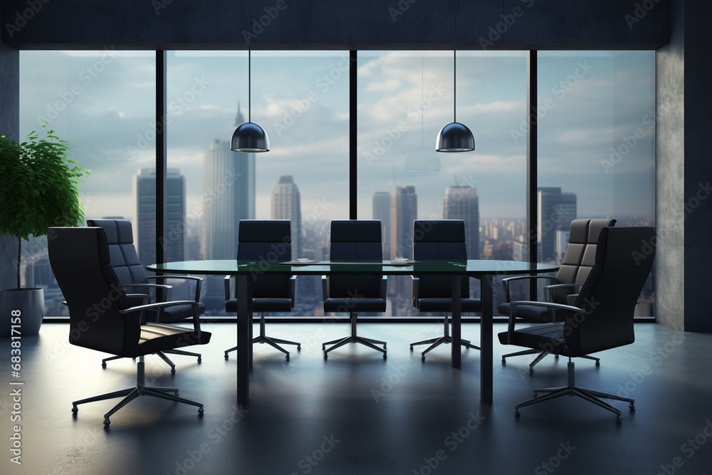 Perspective view of empty meeting conference room with big table set and facilities for large person groups on high rise office building with cityscape view outside windows. Generative AI.