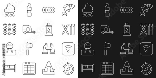 Set line Compass, Wi-Fi wireless internet, Match stick, Blanket roll, Rv Camping trailer, Grilled shish kebab on skewer, Cloud with rain and lantern icon. Vector