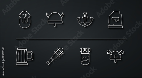Set line Viking head, Wooden beer mug, Magic rune, Quiver with arrows, Mace spikes, horned helmet, and Anchor icon. Vector