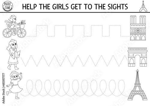 Vector French themed handwriting practice worksheet. French printable black and white activity for kids. Tracing game for writing skills. Coloring page with girls going to Eiffel Tower, Cathedral
