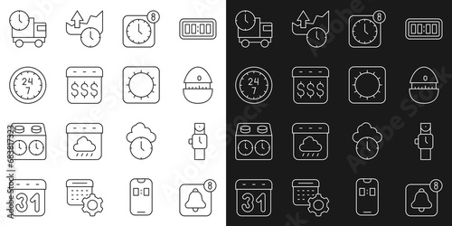 Set line Alarm clock app mobile, Wrist watch, Kitchen timer, Payday, calendar with dollar, Clock 24 hours, Delivery truck and and Sun icon. Vector