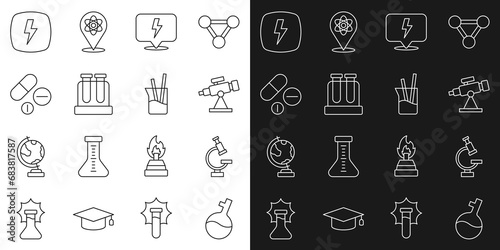 Set line Test tube, Microscope, Telescope, Lightning bolt, Medicine pill or tablet, and Laboratory glassware icon. Vector
