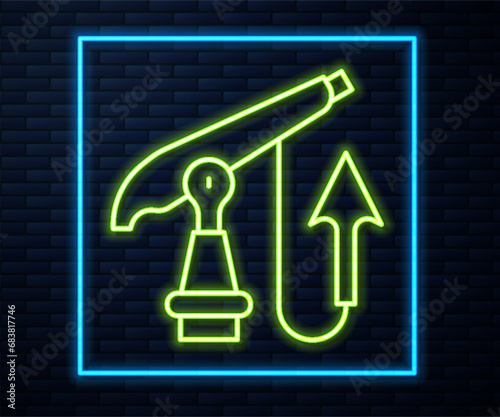 Glowing neon line Fishing harpoon icon isolated on brick wall background. Fishery manufacturers for catching fish under water. Diving underwater equipment. Vector