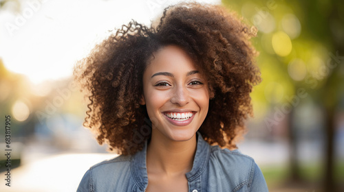 Headshot of beautiful smiling African American woman in blurred park
