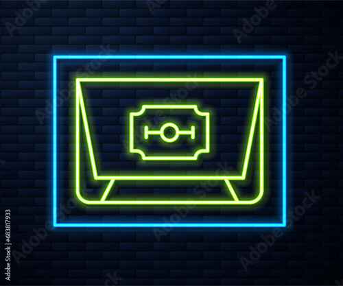 Glowing neon line Blade razor icon isolated on brick wall background. Vector