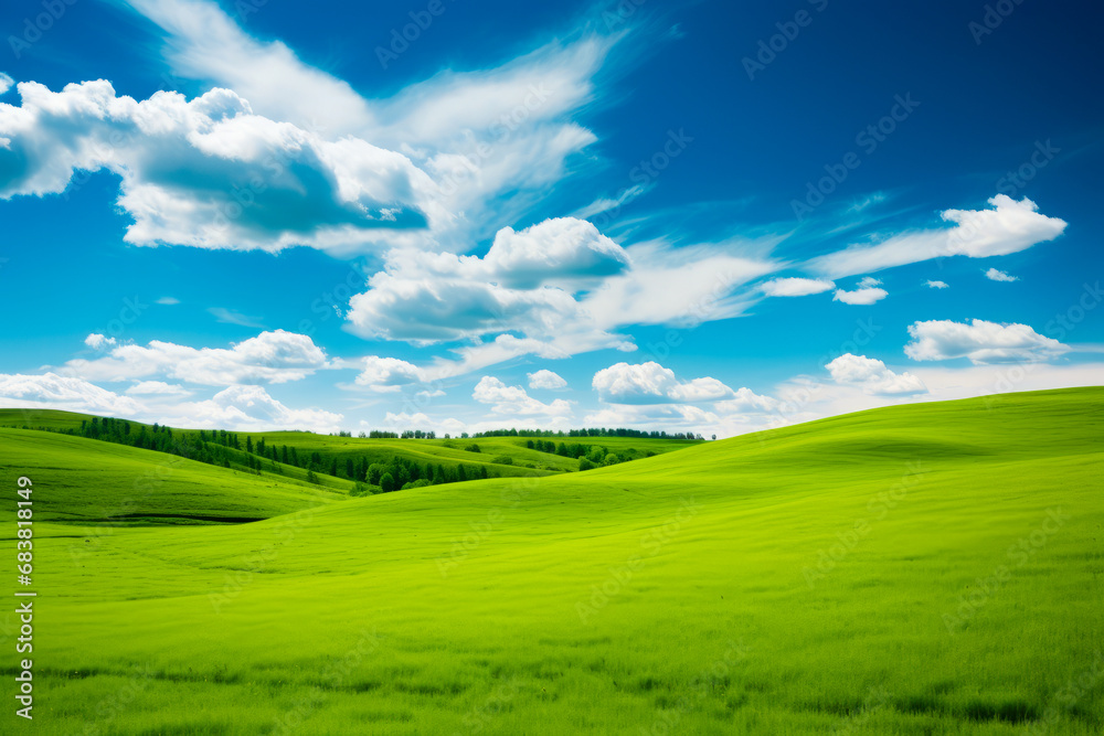 Fototapeta premium Green field with blue sky and clouds above it.