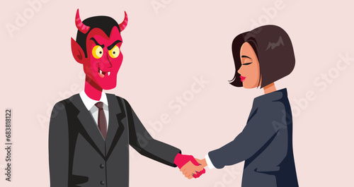 Businesswoman Making a Pact with the Devil Vector Cartoon Illustration. Office worker taking a satanic deal selling her soul 
