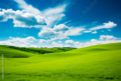 Green field with blue sky and clouds above it.