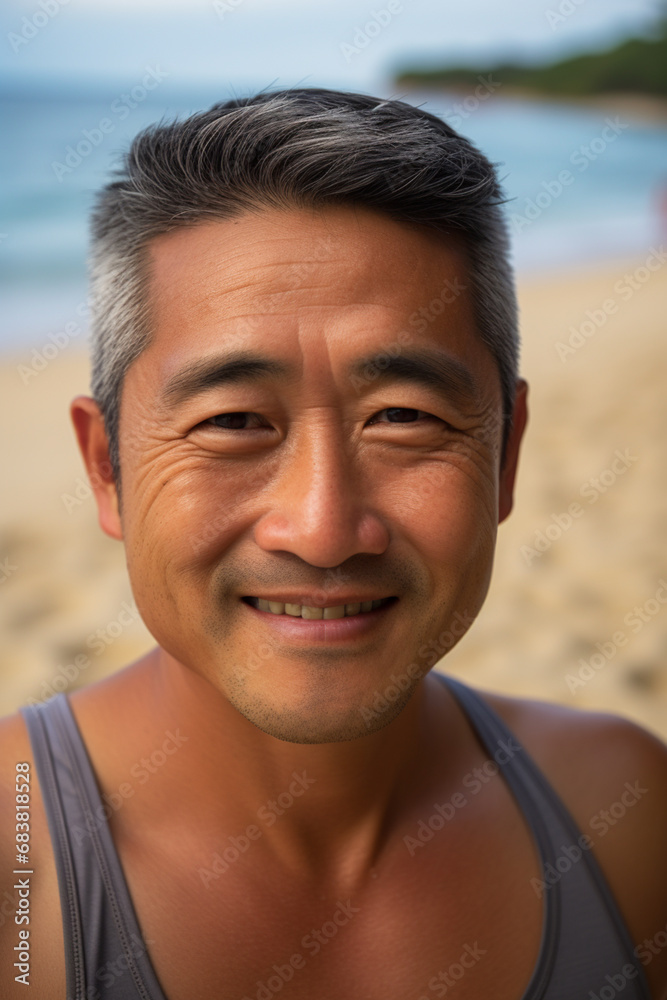 Midlife Serenity: Beachside Selfie of a Calm and Confident Middle-Aged Asian Man.