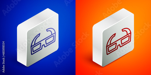 Isometric line 3D cinema glasses icon isolated on blue and orange background. Silver square button. Vector
