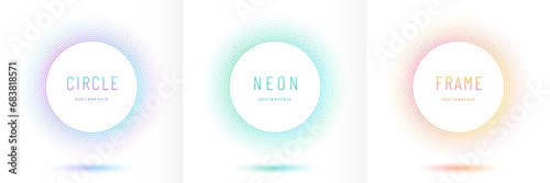 Set of blue, pink-purple and green circle frame on white background. Abstract 3D cosmic color backdrop. Collection of dot halftone glowing neon light on background with copy space in top view design.