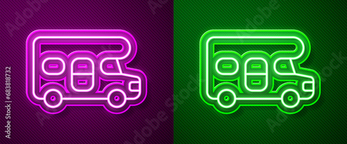 Glowing neon line RV motorhome vehicle icon isolated on purple and green background. Camper mobile home, mobile home for summer trip. Vector