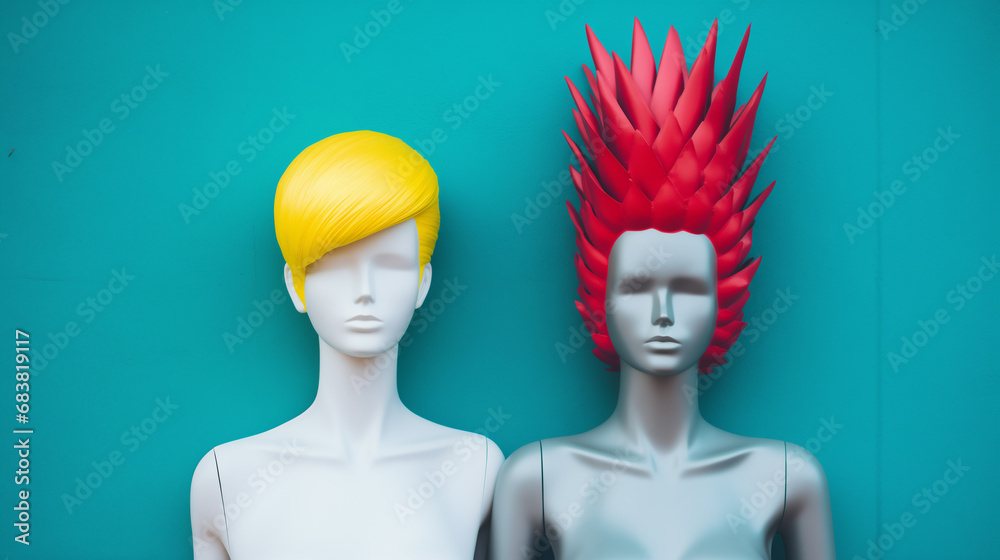 Mannequin doll couple posed affectionately next to each other with