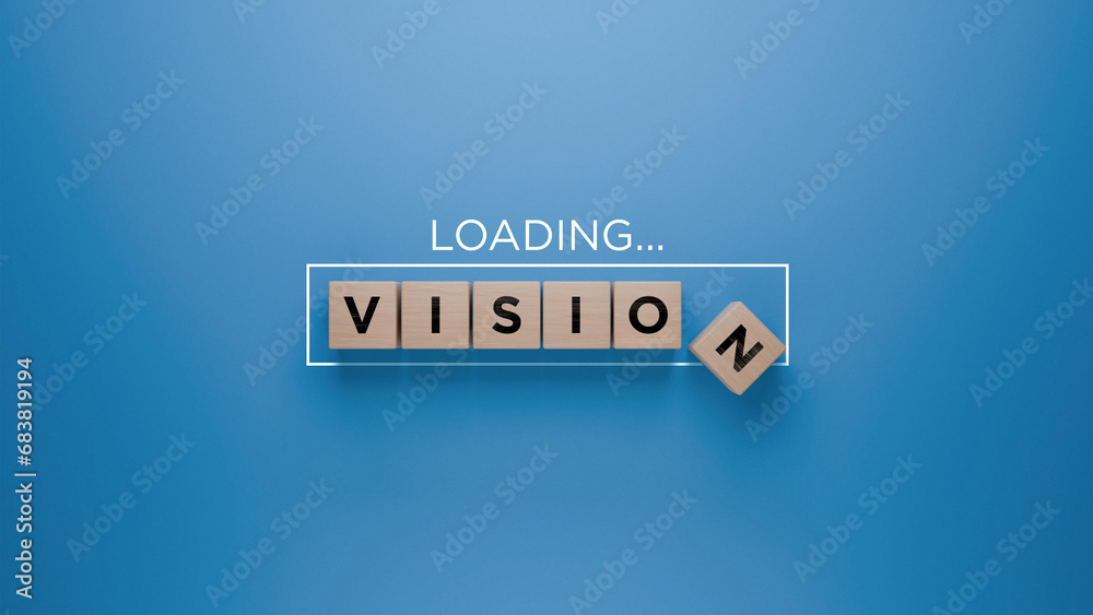 Wooden blocks spelling 'VISION' with a loading progress bar on a blue background, strategic planning and foresight concept - obrazy, fototapety, plakaty 