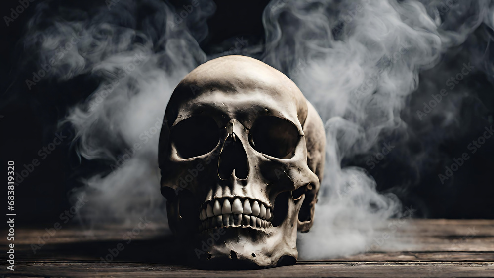 Halloween human skull on an old wooden table over black background shape of skull bone for death head on halloween festival which show horror evil tooth fear, Human skull on wooden table