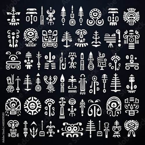 Native american indian tribal vector icons set. Aztec-inspired, abstract symbols. White vector illustrations on black background.
