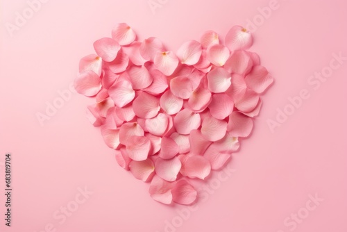  rose petals in the shape of a heart on a pink background. valentine's day