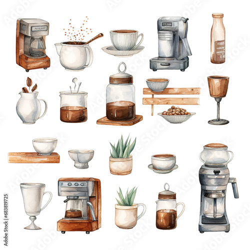 Coffee Shop Equipment clipart Set : Beautiful Watercolor Style