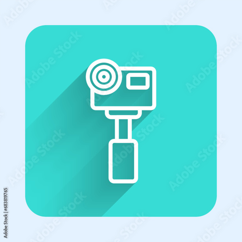 White line Action extreme camera icon isolated with long shadow background. Video camera equipment for filming extreme sports. Green square button. Vector