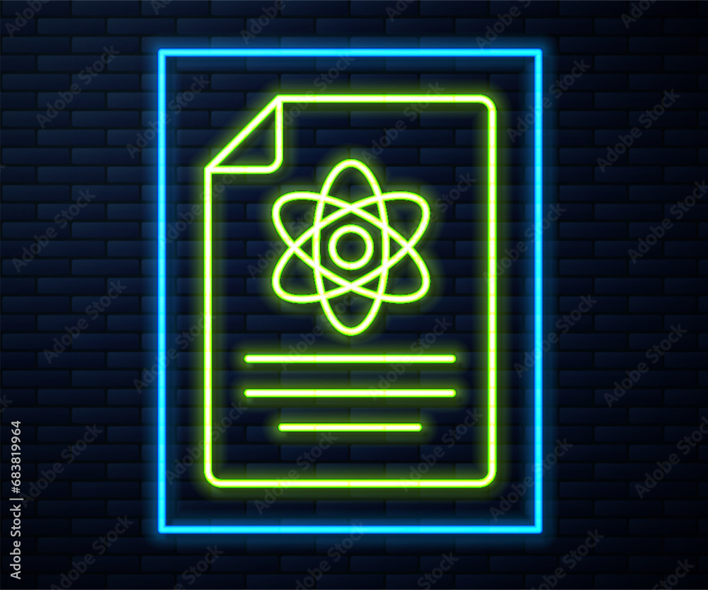 Glowing neon line Chemistry report icon isolated on brick wall background. Vector Glowing neon line Chemistry report icon isolated on brick wall background. Vector