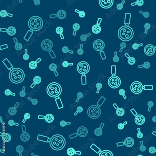Green line Microorganisms under magnifier icon isolated seamless pattern on blue background. Bacteria and germs, cell cancer, microbe, virus, fungi. Vector