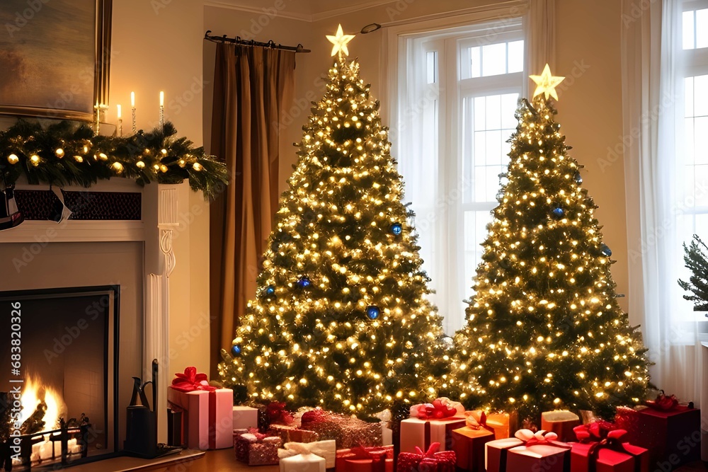 クリスマスの状況を表す、白いライトで照らされた白と金のオーナメントがついたクリスマスツリーの写真で、背景は暖炉と窓のあるリビングルーム

