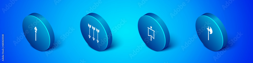 Set Isometric Medieval spear, flag, axe and Crossed arrows icon. Vector Set Isometric Medieval spear, flag, axe and Crossed arrows icon. Vector