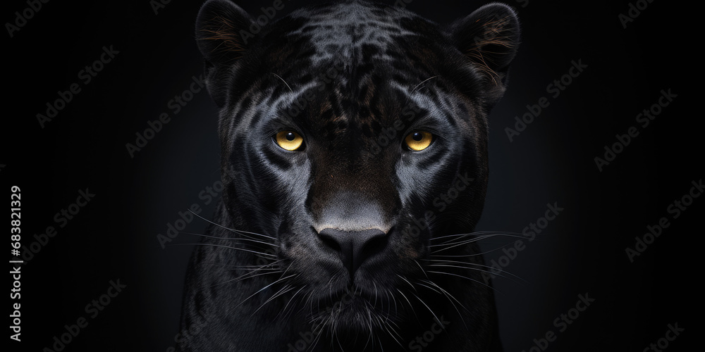 This striking image showcases a Panther in a front view against a black backdrop. Copy Space