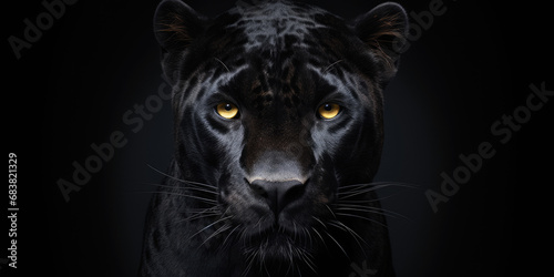 This striking image showcases a Panther in a front view against a black backdrop. Copy Space