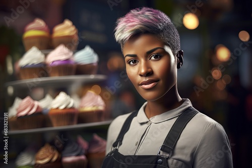 African American woman bakery. Smiling cheerful young baker in uniform. Generate Ai