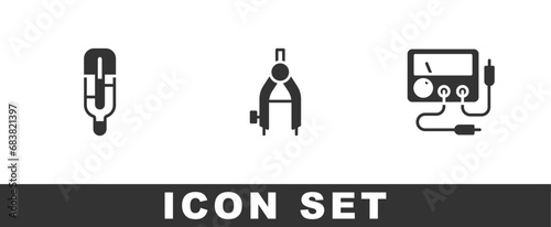 Set Medical thermometer, Drawing compass and Multimeter, voltmeter icon. Vector