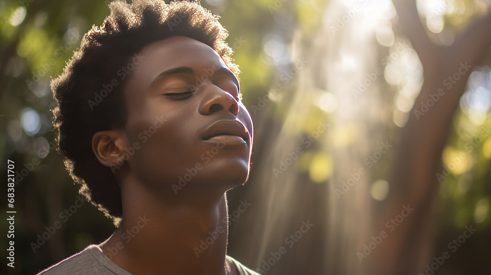 Headshot of a young African man breathing fresh air in a hazy park under the morning sun Headshot of a young African man breathing fresh air in a hazy park under the morning sun