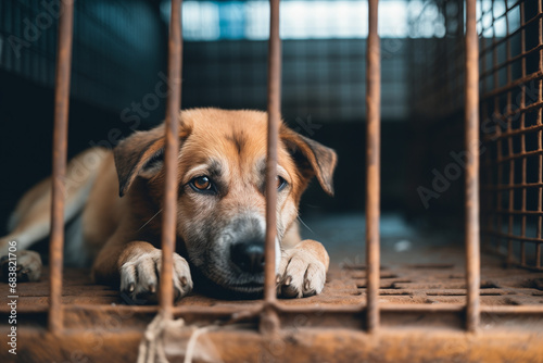 Stray homeless dog in animal shelter cage. Sad abandoned hungry dog behind old rusty grid of the cage in shelter for homeless animals. Dog adoption, rescue, help for pets © Nii_Anna